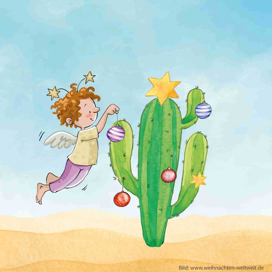 Ein kleiner Engel schmückt einen Kaktus mit Weihnachtskugeln