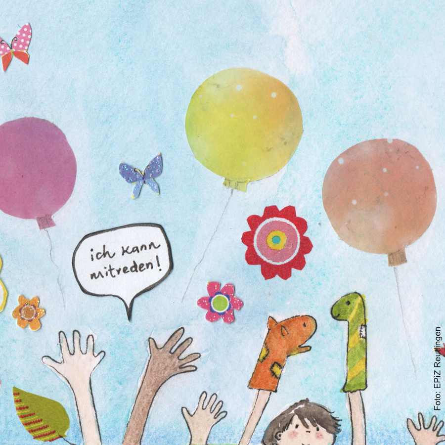 Illustration mit vielen Händen und Luftballons