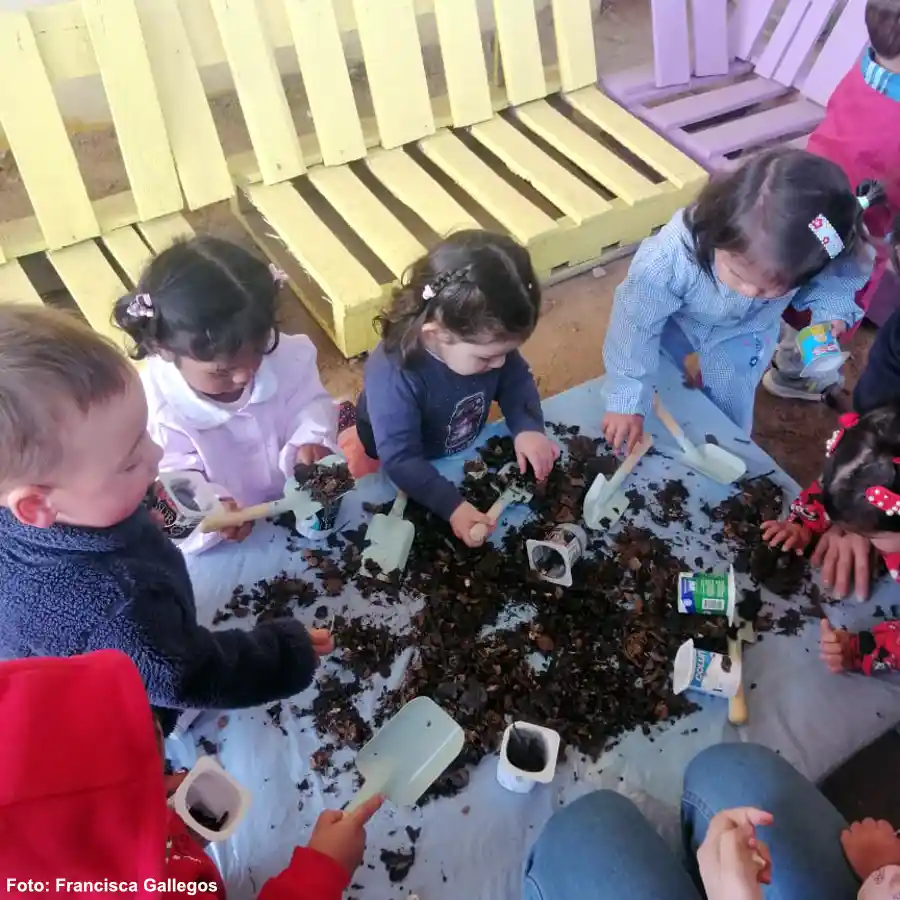 Mehrere Kinder sitzen in einer KITA in Chile im Kreis zusammen und säen Saatgut.