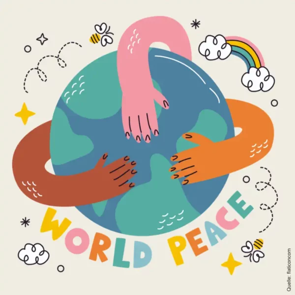 Illustration zeigt Weltkugel mit Armen drum herum und dem Wort "Peace"