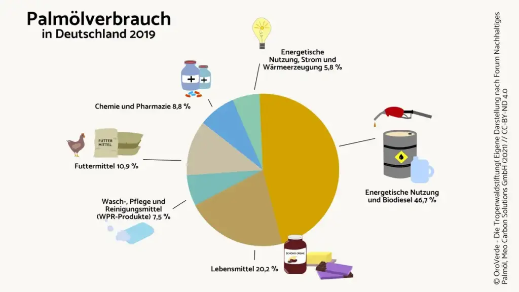 Grafik, die in einem Tortendiagramm den Verbrauch von Palmöl in Deutschland 2019 zeigt.