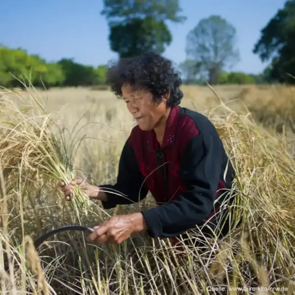 Eine asiatische Frau, die Reis mit einer Sichel erntet